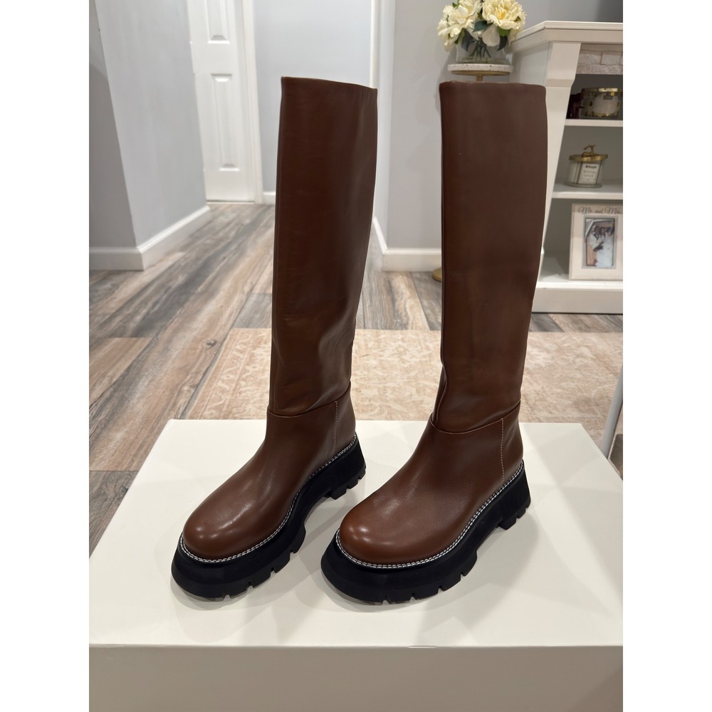 NIB 3.1 Phillip Lim Kate Lug Sole Tube Boots Saddle Brown Leather Tall 37 US 7